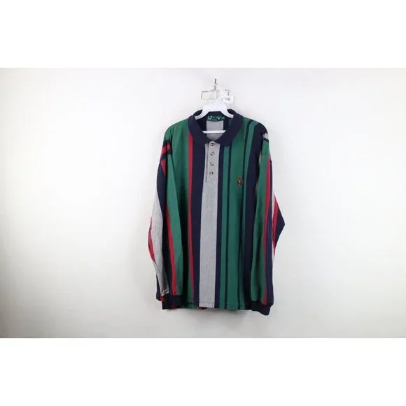 Vtg 90s Streetwear Mens Large Faded Striped Color Block Long Sleeve Rugby Polo - Picture 1 of 14